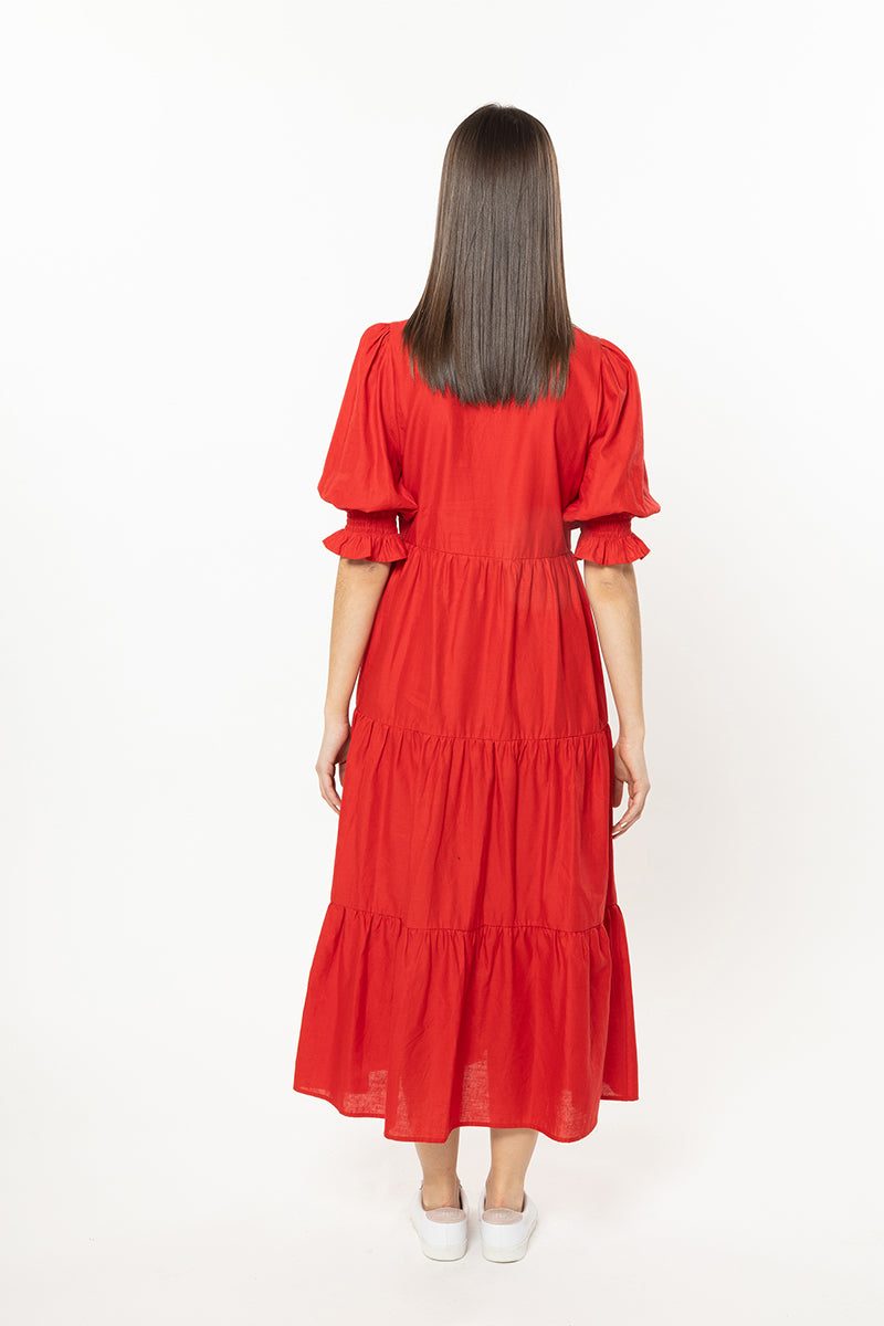 Mia Tiered Maxi dress Red Linen