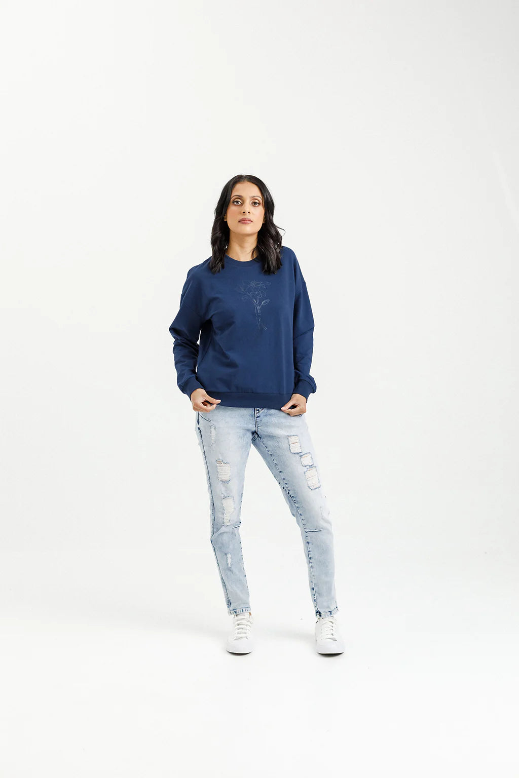 Camilla Crew - Indigo Blue with Tonal Floral Print