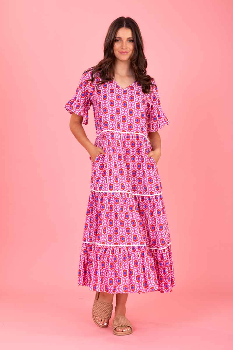 Tyler Midi Dress Pink Red Print