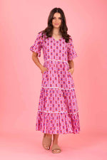 Load image into Gallery viewer, Tyler Midi Dress Pink Red Print
