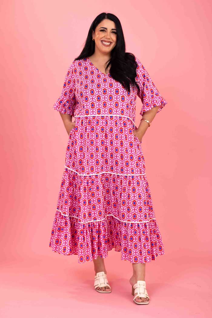 Tyler Midi Dress Pink Red Print