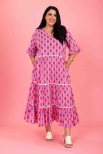 Load image into Gallery viewer, Tyler Midi Dress Pink Red Print
