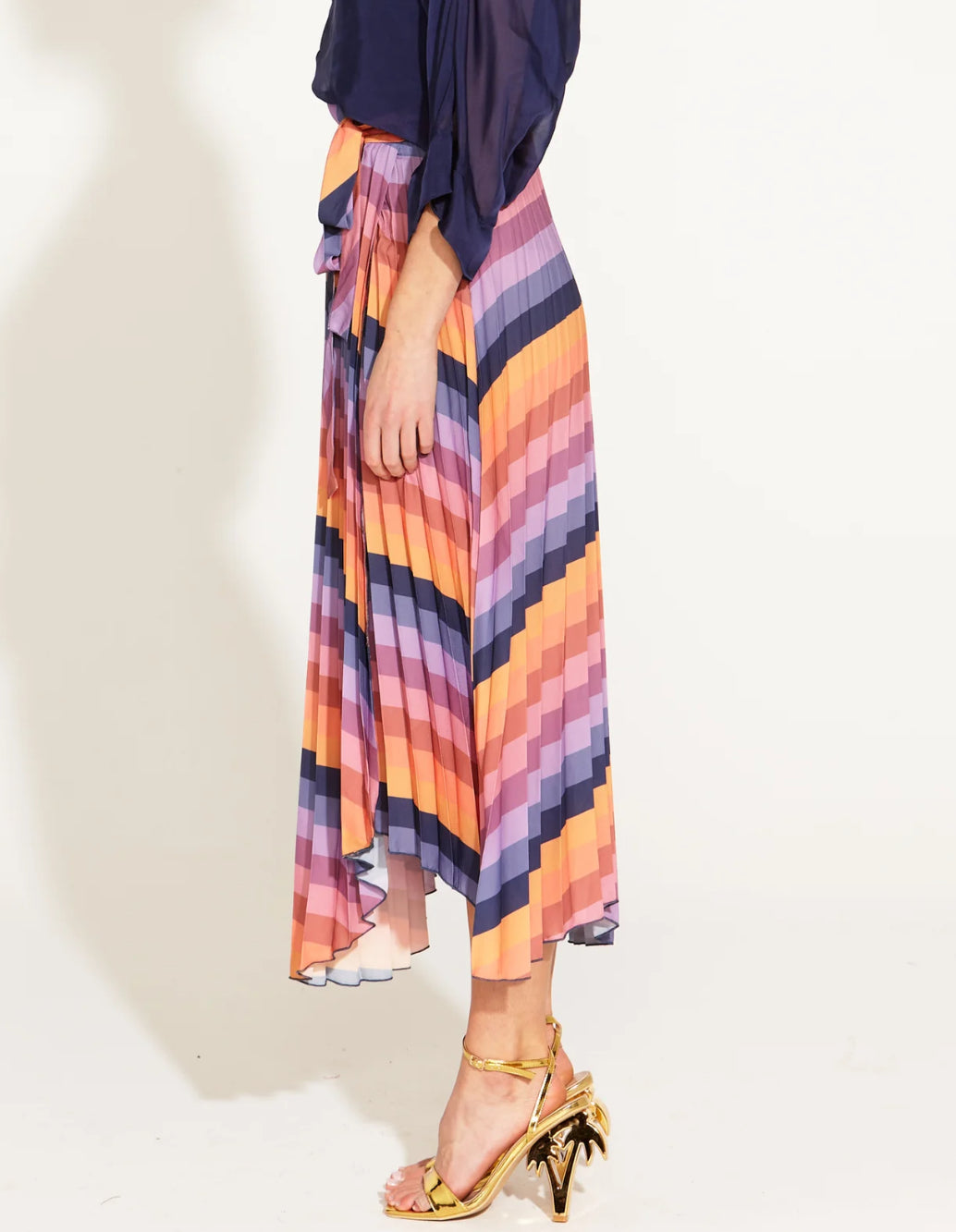 Sunset Dream Pleated Thigh Split Midi Skirt - Rainbow Sunset Stripe
