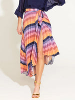 Load image into Gallery viewer, Sunset Dream Pleated Thigh Split Midi Skirt - Rainbow Sunset Stripe
