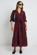 Load image into Gallery viewer, Irresistible Burgundy SS Button Front Tiered Maxi Dress
