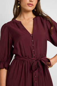 Irresistible Burgundy SS Button Front Tiered Maxi Dress