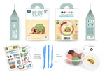 Load image into Gallery viewer, A product layout for a kids' clay kit showing the retail packaging, instruction booklet, blue plastic sculpting tools, and a round set of colorful air-dry clay pieces on a white background.
