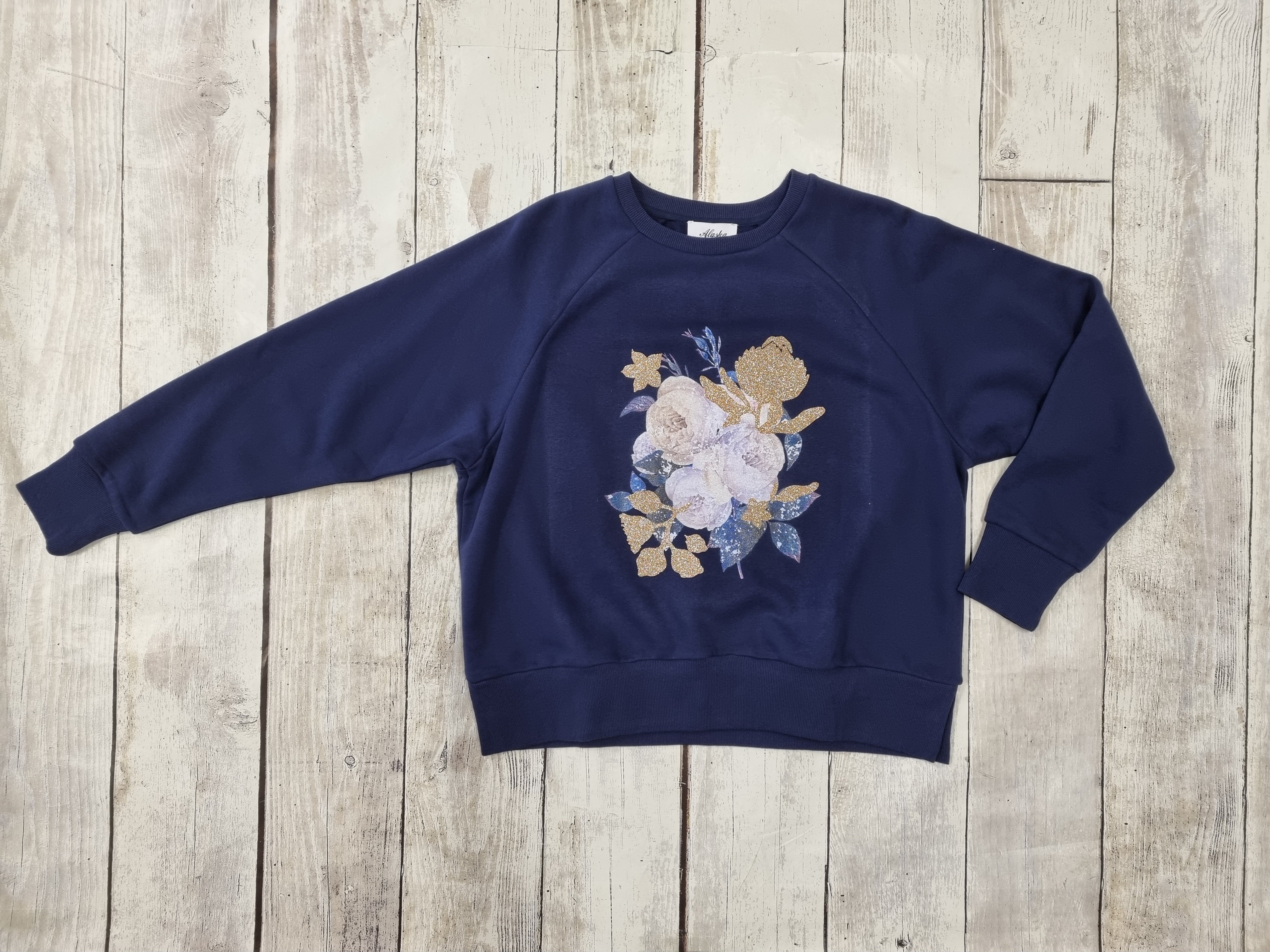 Lynette Navy Sweater with Vintage Glitter and Roses