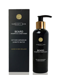 Surmanti Man Vetiver Geranium and White water Beard shampoo and conditioner