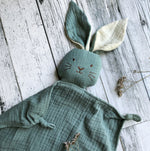 Load image into Gallery viewer, Organic Muslin Bunny Lovey Sage with Milk ears
